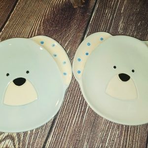 Two Vintage Knobler Japan Teddy Bear Head Plates Whimsical Blue White Polka Dots
